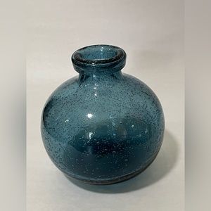 Art Glass Blown Blue Uncontrolled Bullicante Ball Shaped Vase Pontil